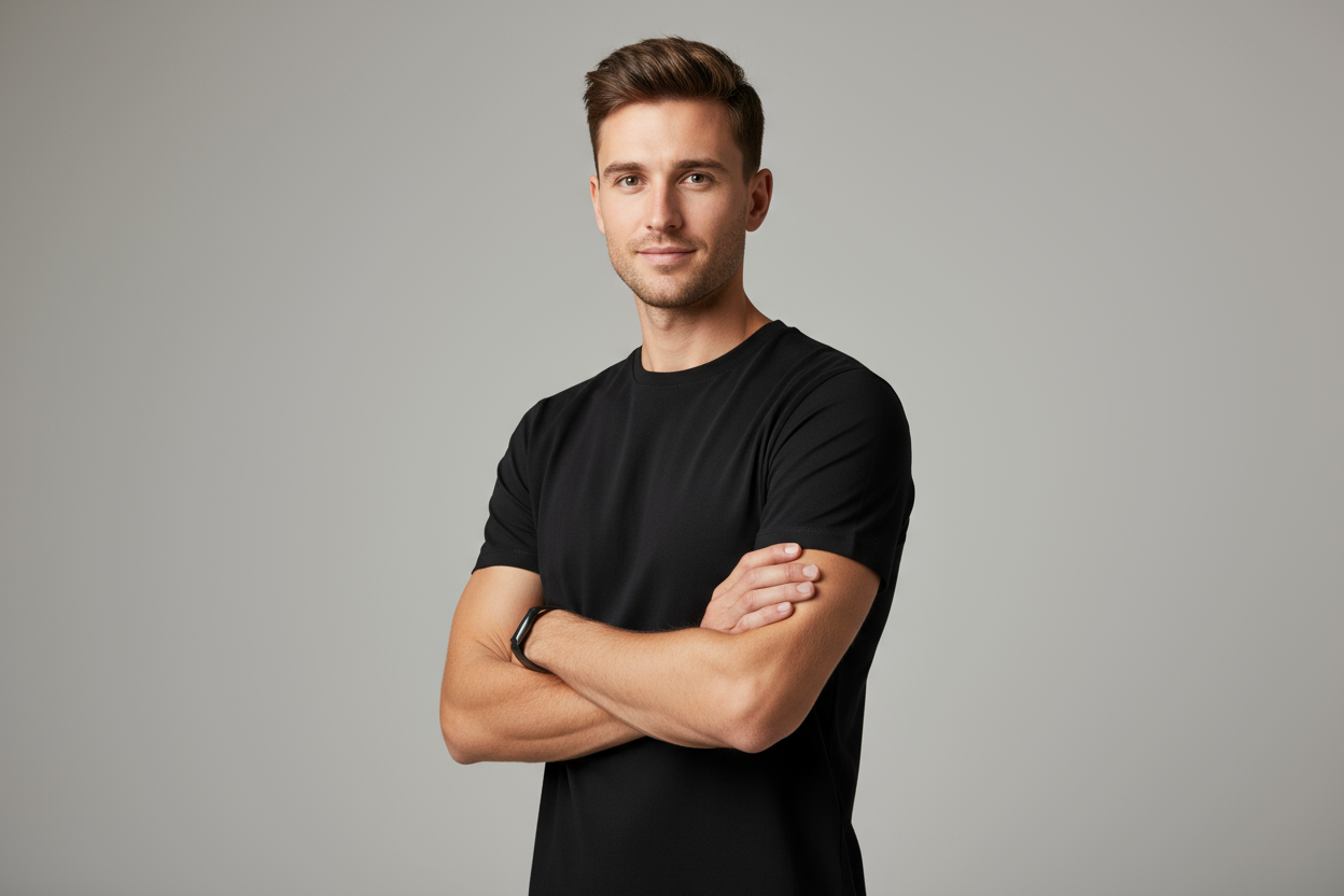 Male model in Black T Shirt